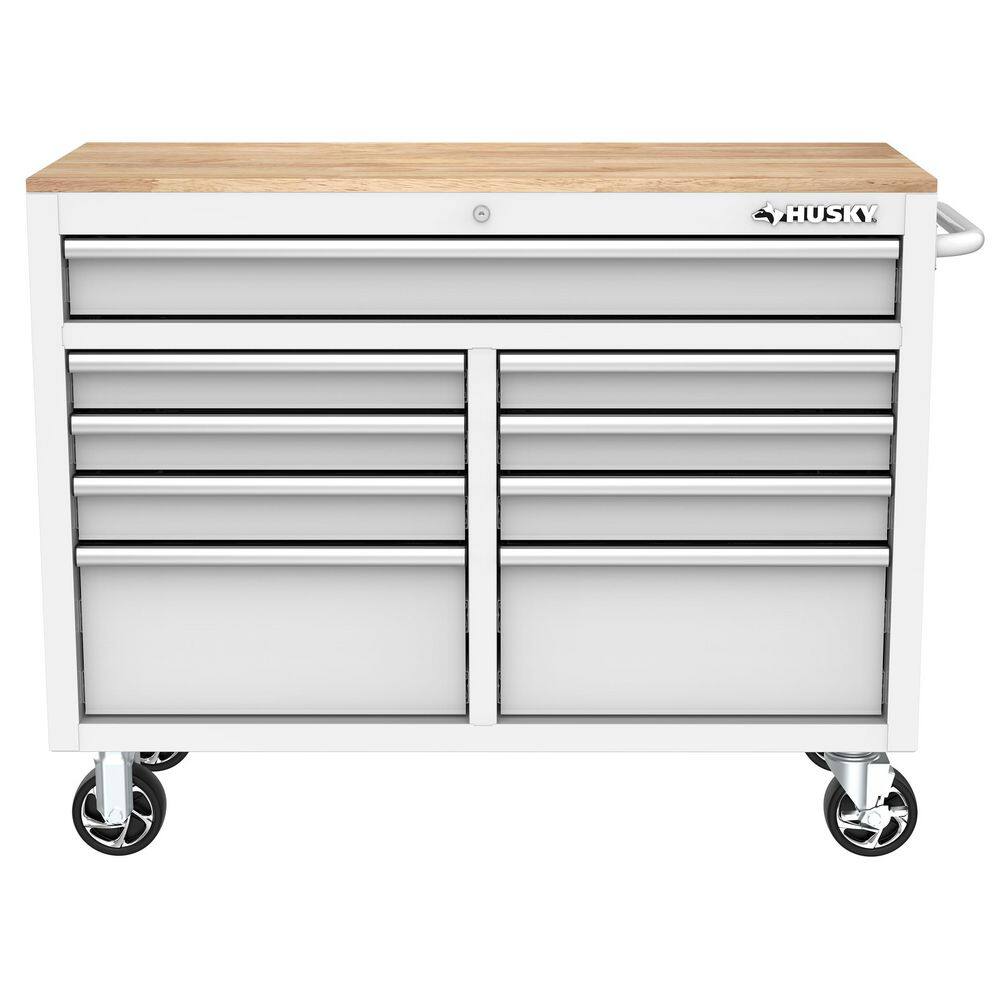 Husky 46 in. W x 18 in. D 9-Drawer Gloss White Mobile Workbench Cabinet with Solid Wood Top H46X18MWC9WHT