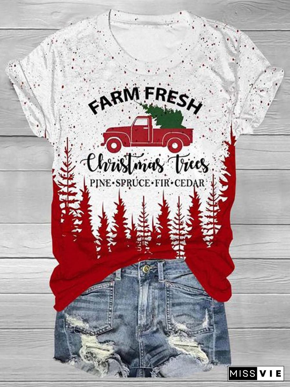 Women's Christmas Print Round Neck T-Shirt