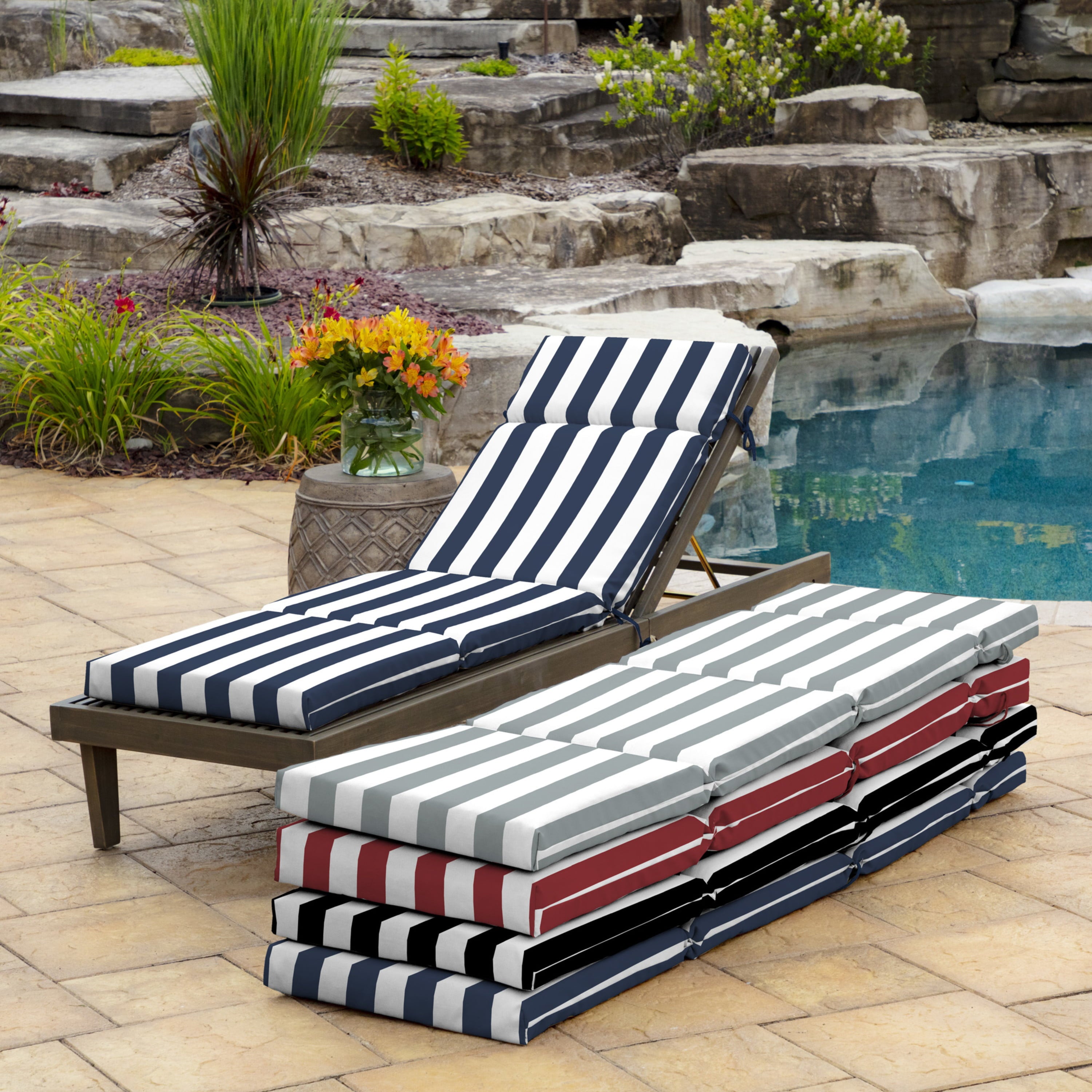 Arden Selections Outdoor Chaise Lounge Cushion 72 x 21， Sapphire Blue Cabana Stripe