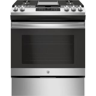 GE 30 in. 5.3 cu. ft. Slide-In Gas Range in Stainless Steel with Griddle JGSS66SELSS