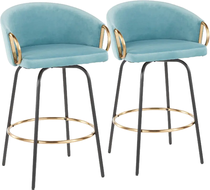 Claire Glam Gold and Light Blue Velvet Barstool Stool， Set of 2