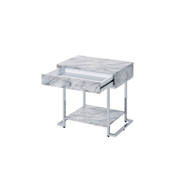 White Printed Faux Marble and Chrome Finish Wither Accent Table