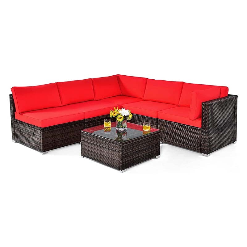 6 Pcs Rattan Patio Sectional Sofa Set Outdoor Conversation Furniture Set with Cushions & Glass Coffee Table