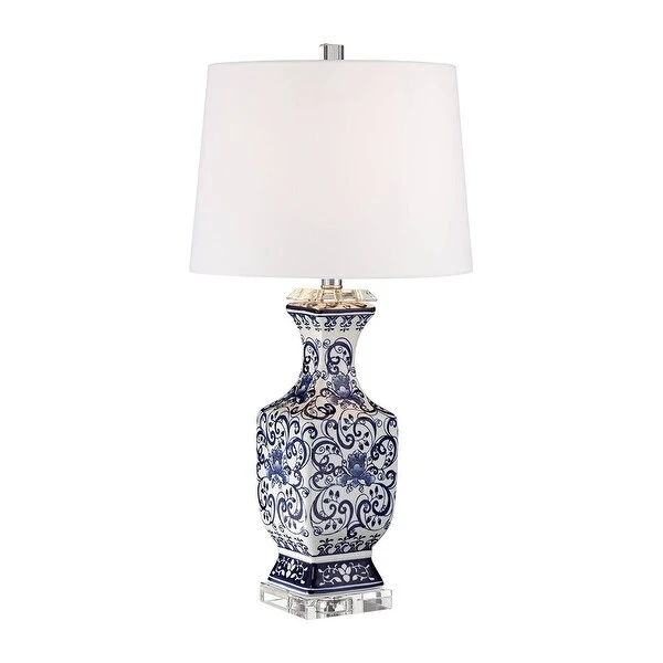 Asian Table Lamp Porcelain Blue Floral Jar White - 14