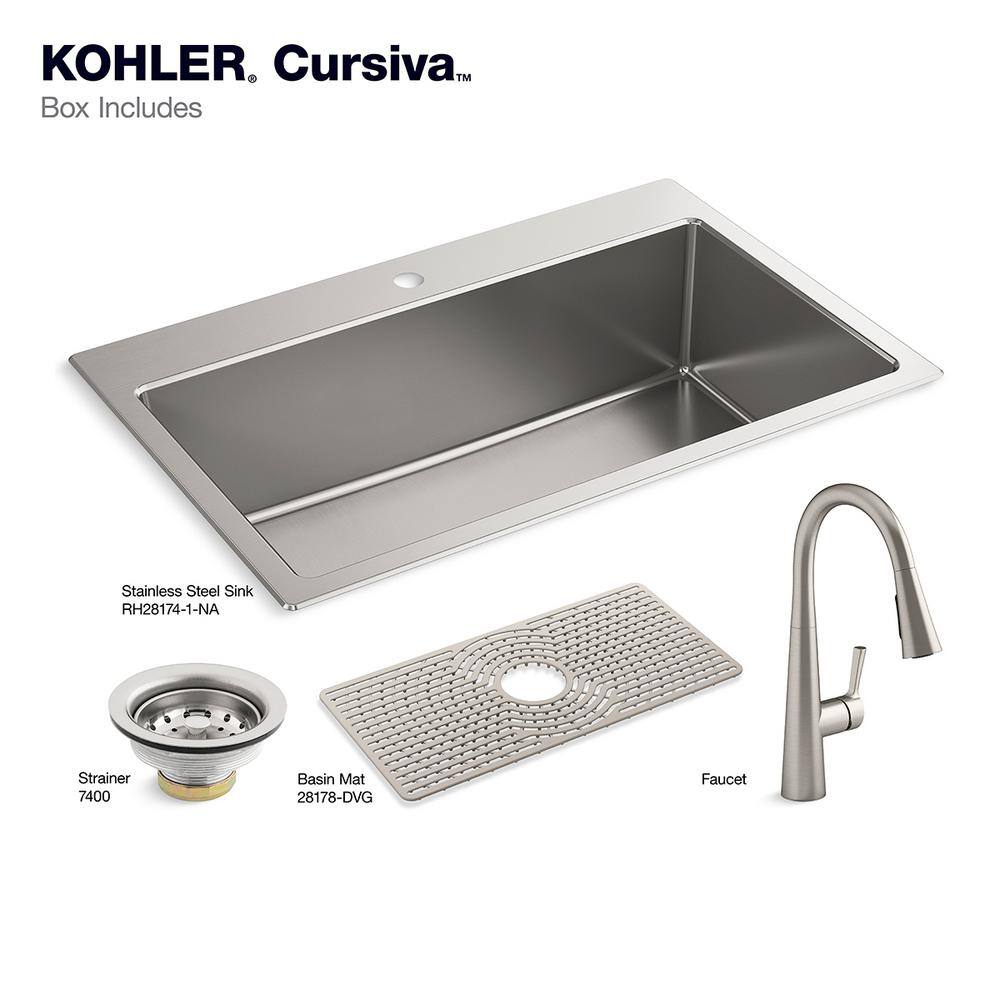 KOHLER Cursiva All-in-One Stainless Steel 33 in. Single Bowl Drop-In or Undermount Kitchen Sink with Faucet K-RH28174-1PC-NA