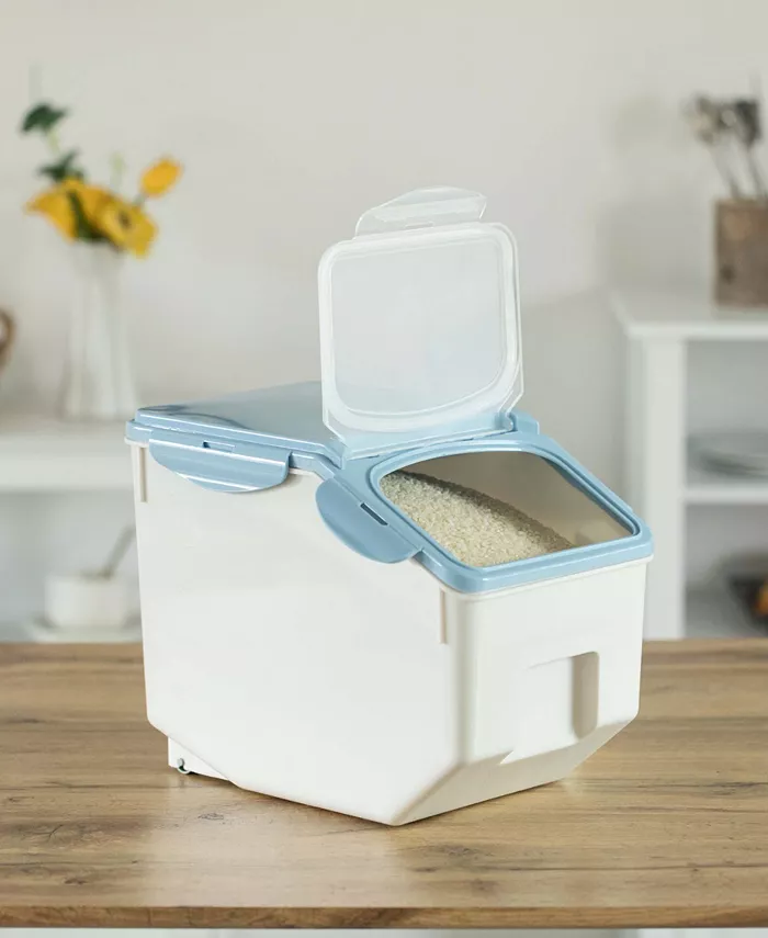 Basicwise Medium Plastic Storage Food Holder Containers with a Measuring Cup and Wheels Set of 3