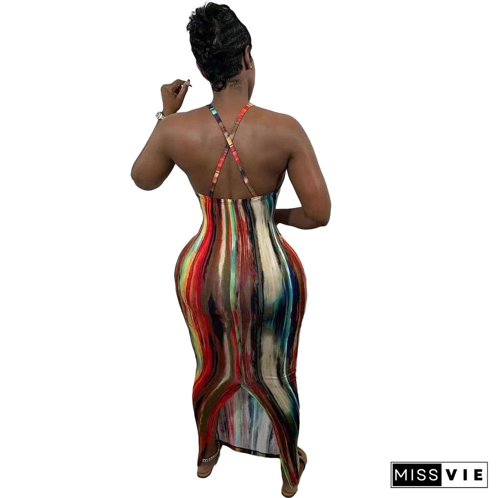 Tie Dye Print Women Strap Sleeveless Bodycon Long Dress