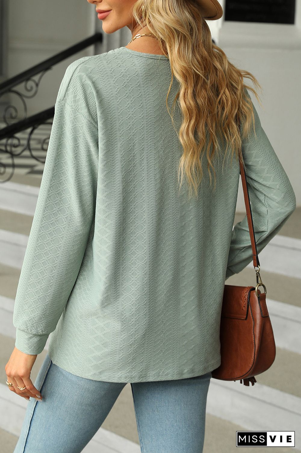 Jacquard Button Front V Neck Blouse