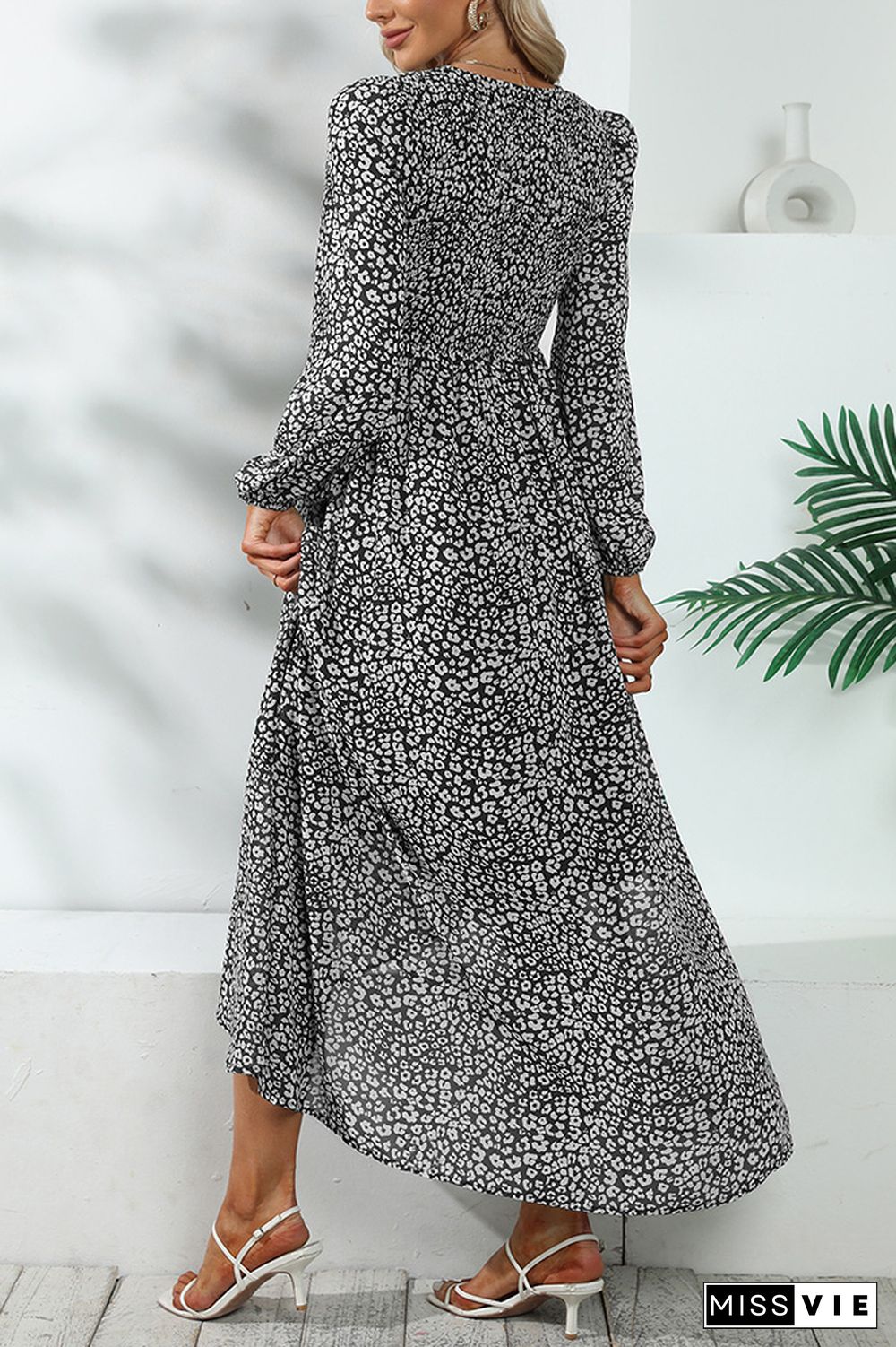 V Neck Puff Sleeves Split Printing Maxi Dress