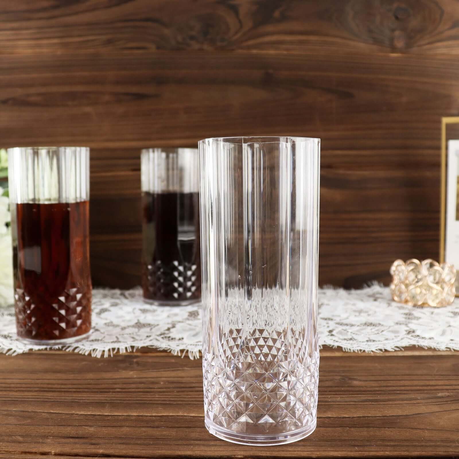 6 Pack Clear Crystal Cut Reusable Plastic Highball Drinking Glasses, Shatterproof Cocktail Tumblers 14oz