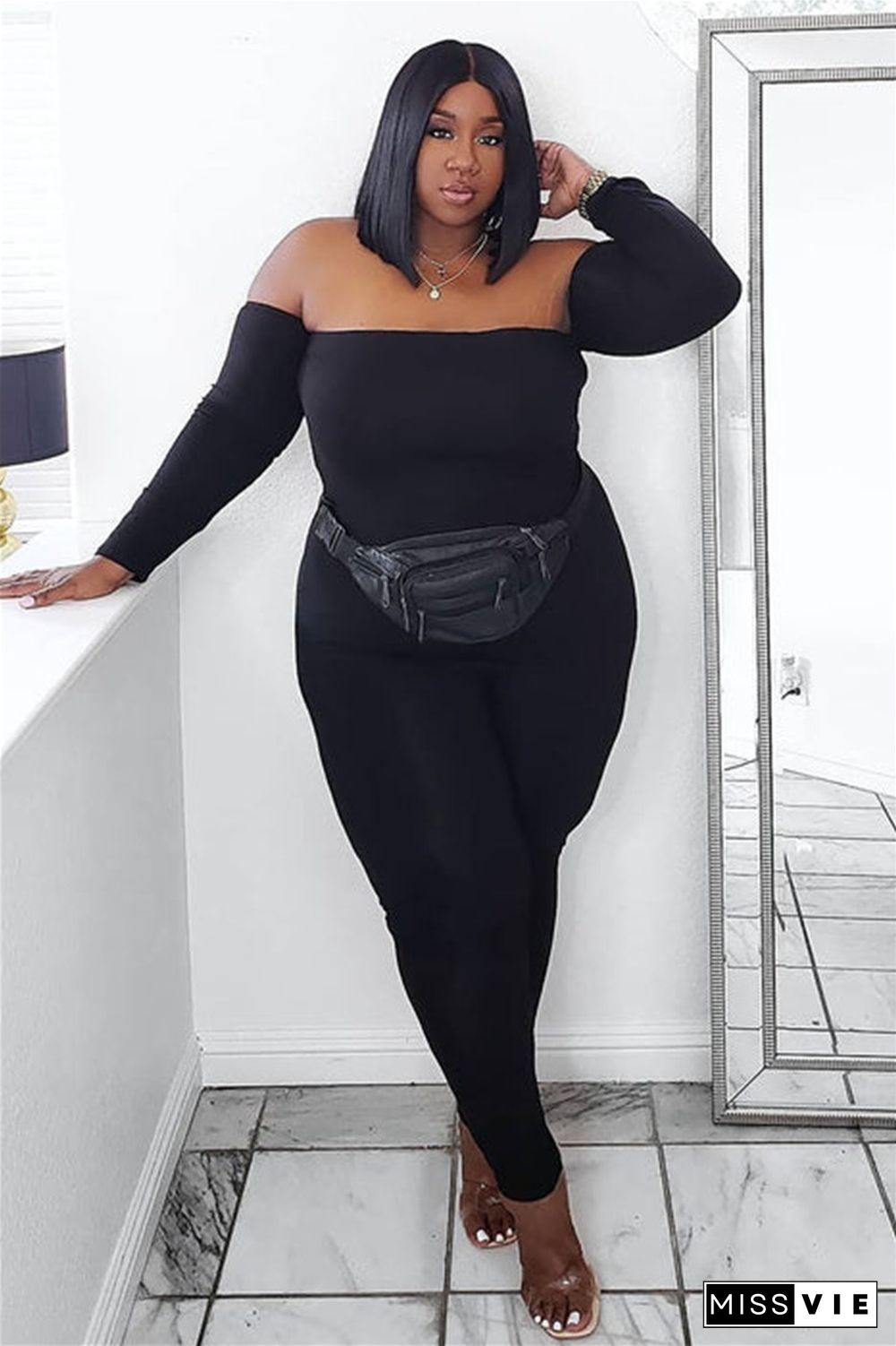 Slash Neck Long Sleeve Plus Size One Piece Jumpsuit