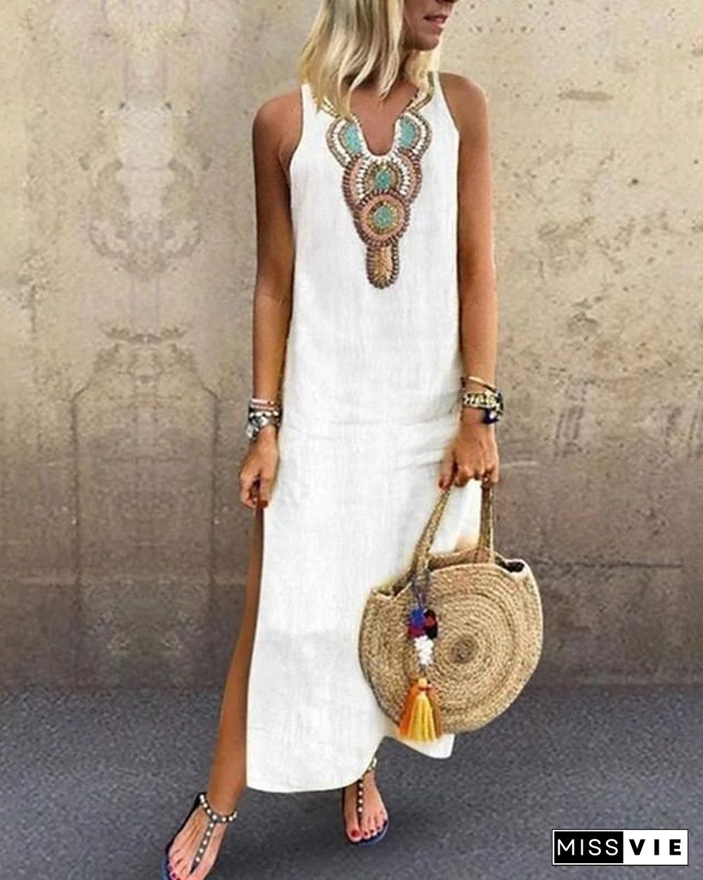 Women's Blazer Dresses Maxi long Dress - Sleeveless Tribal Split Print Summer V Neck Plus Size Hot Casual Boho Holiday Beach White Yellow Wine Green Gray S M L XL XXL White Dresses