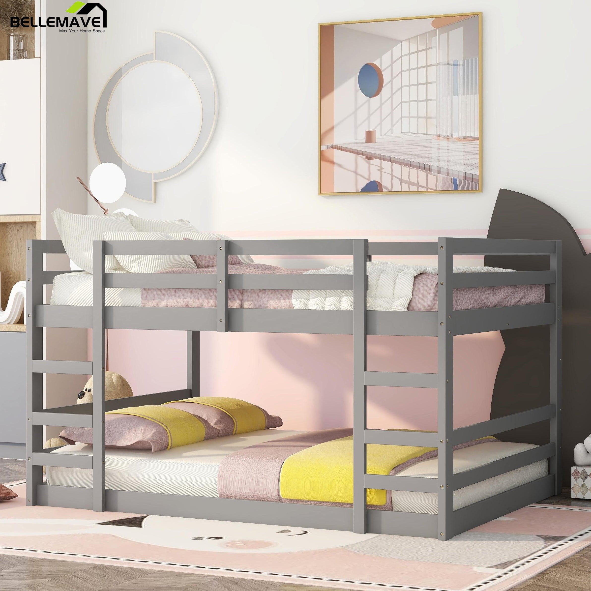 Bellemave Low Twin Over Twin Bunk Beds, Juniors Floor Bunk Bed with Ladder and Guardrails, Wood Twin Bunk Bed for Kids Teens Girls & Boys, Gray