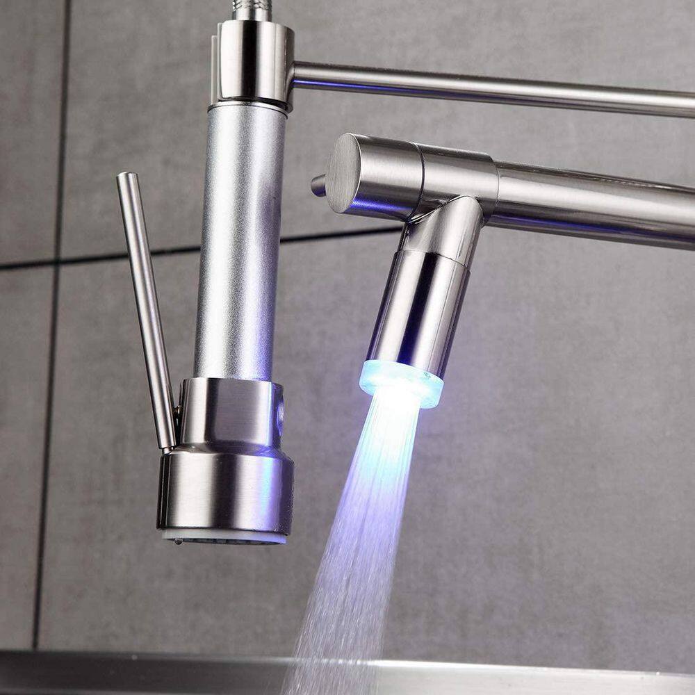 GIVING TREE Single-Handles 2-Spout Pull Down Sprayer Kitchen Faucet with LED Light in Brushed Nickel HDLTQA0013