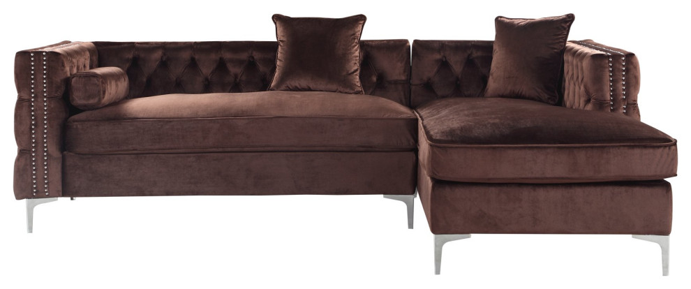 L Shaped Sofa  Button Tufted Velvet Seat With Nailhead Trim   Midcentury   Sectional Sofas   by Decorn  Houzz