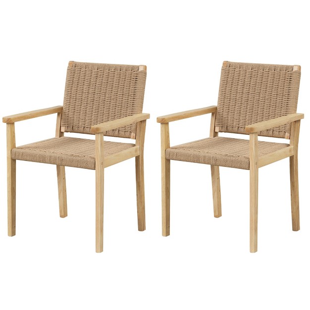 Costway Patio Chair Set Of 2 4 Rubber Wood Dining Armchairs Paper Rope Woven Seat Balcony