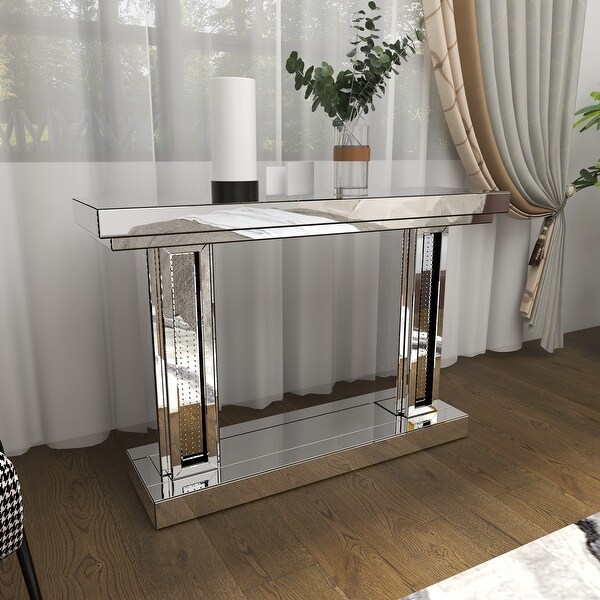 Silver Lighted Crystal Mirrored Glam Console Table 32 x 48 x 14