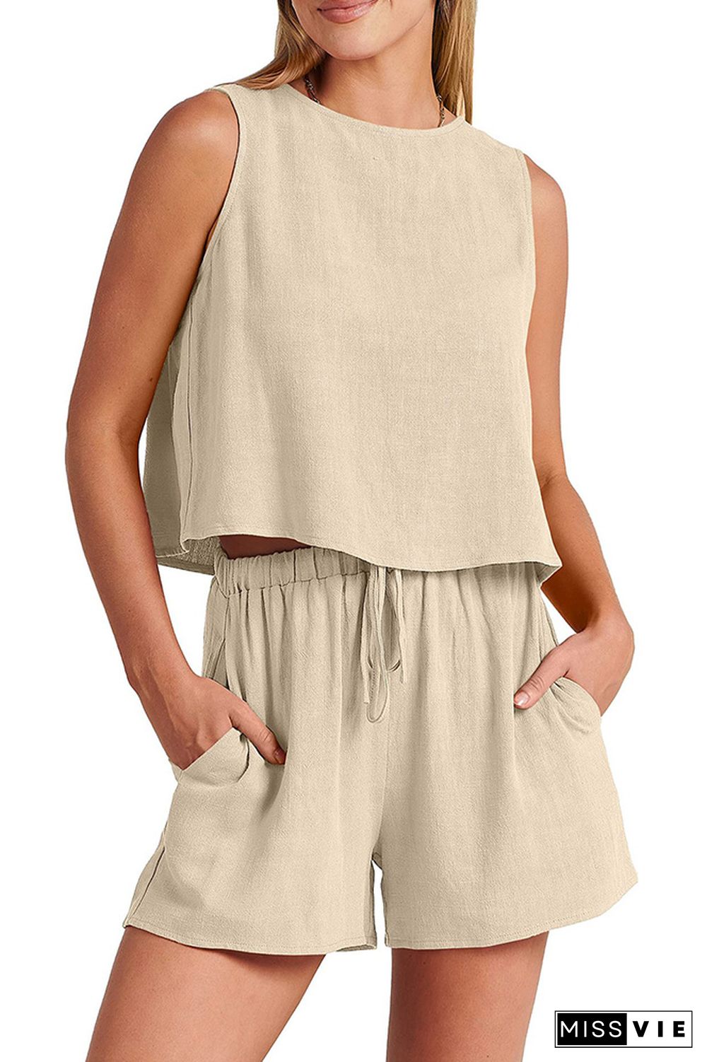 Plain Sleeveless Back Buttoned Tank Top With Elastic Waist Shorts Lounge Set