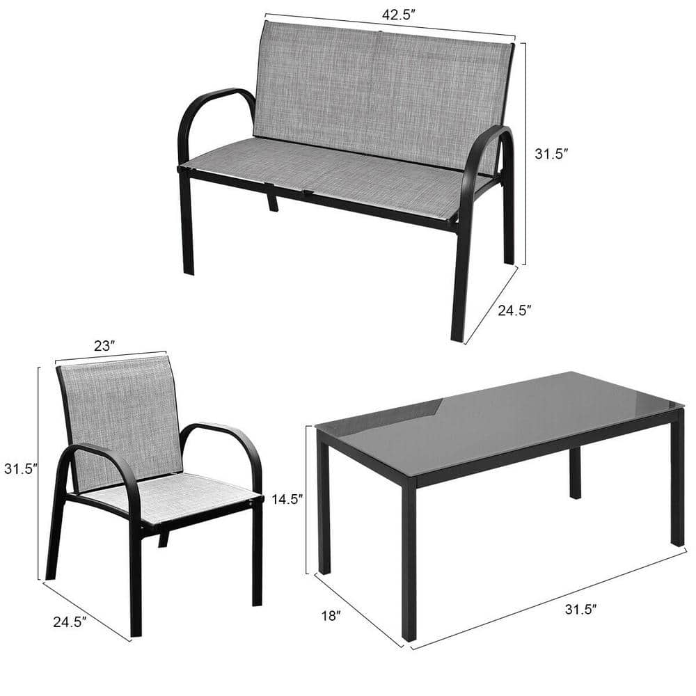 Costway Gray 4-Pieces Metal Frame Patio Conversation Furniture, Sofa Black Table, Garden Deck Seating Set HW55457GR