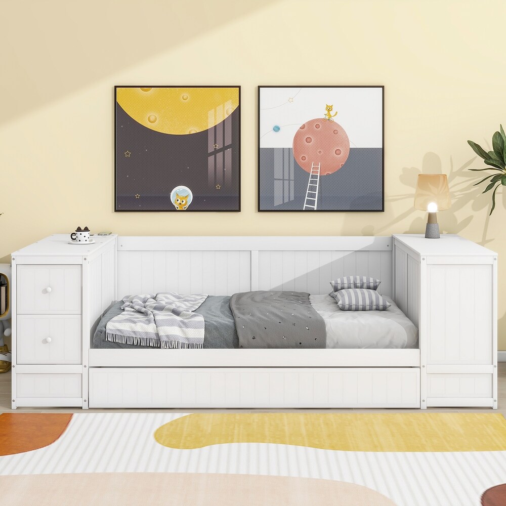 Versatile Sofa Bed  Twin Size Daybed with Trundle  Wood Twin Daybed Frame with Drawers  Storage Arms and Charging Station