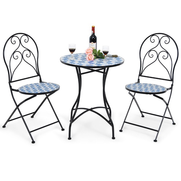 Costway 3pcs Patio Bistro Furniture Set Folding Chair Mosaic Design Garden Blue