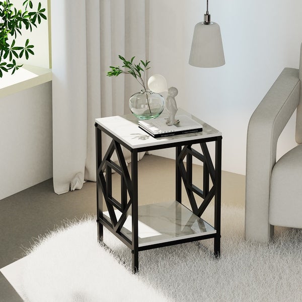 Metal Geometric-Base 2-Tier Marble End Table