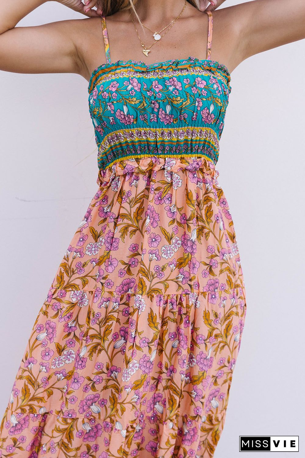 Floral Print Bodice Spaghetti Strap Maxi Dress