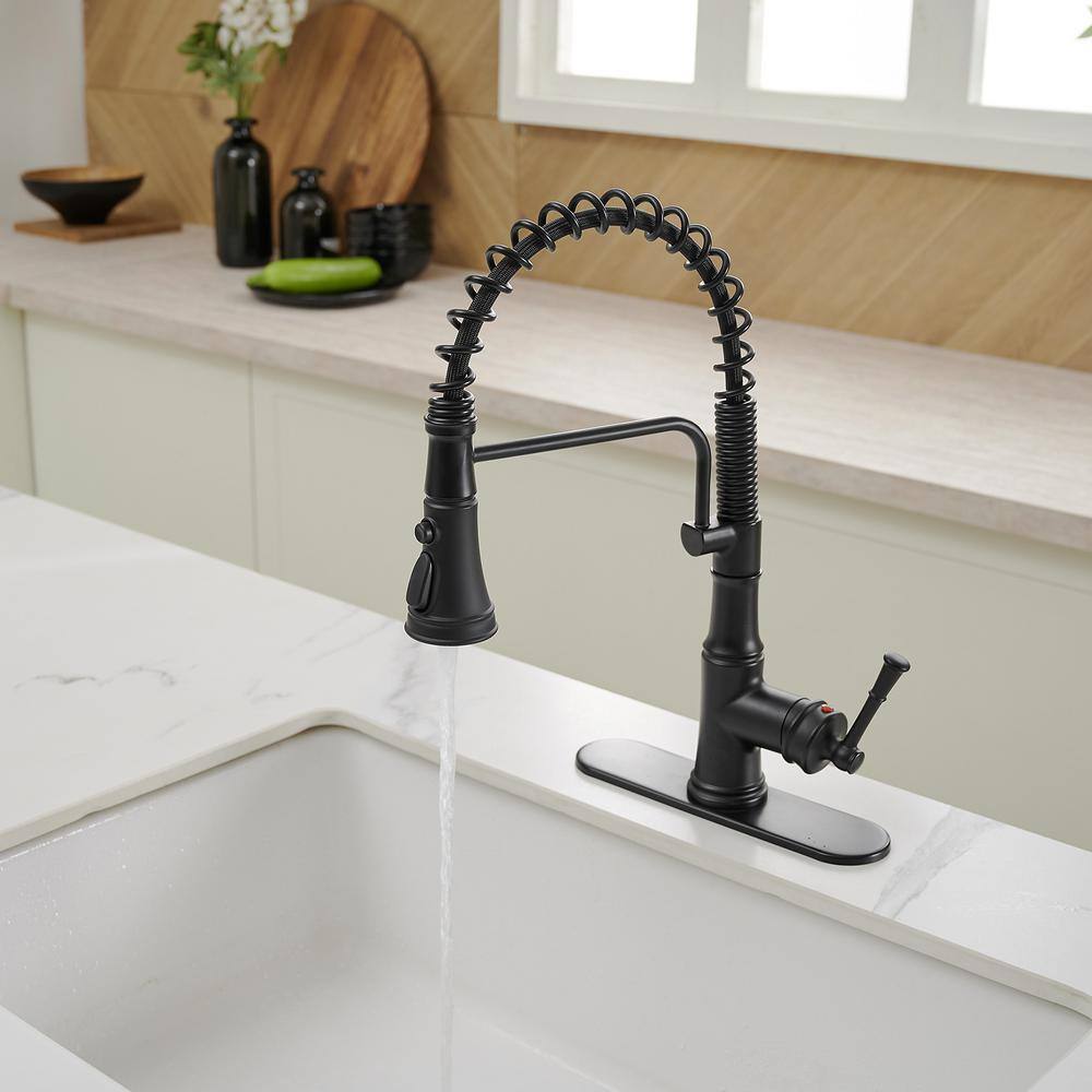 BWE Single-Handle Pull-Down Sprayer 3 Spray High Arc Kitchen Faucet With Deck Plate in Matte Black A-94559-B