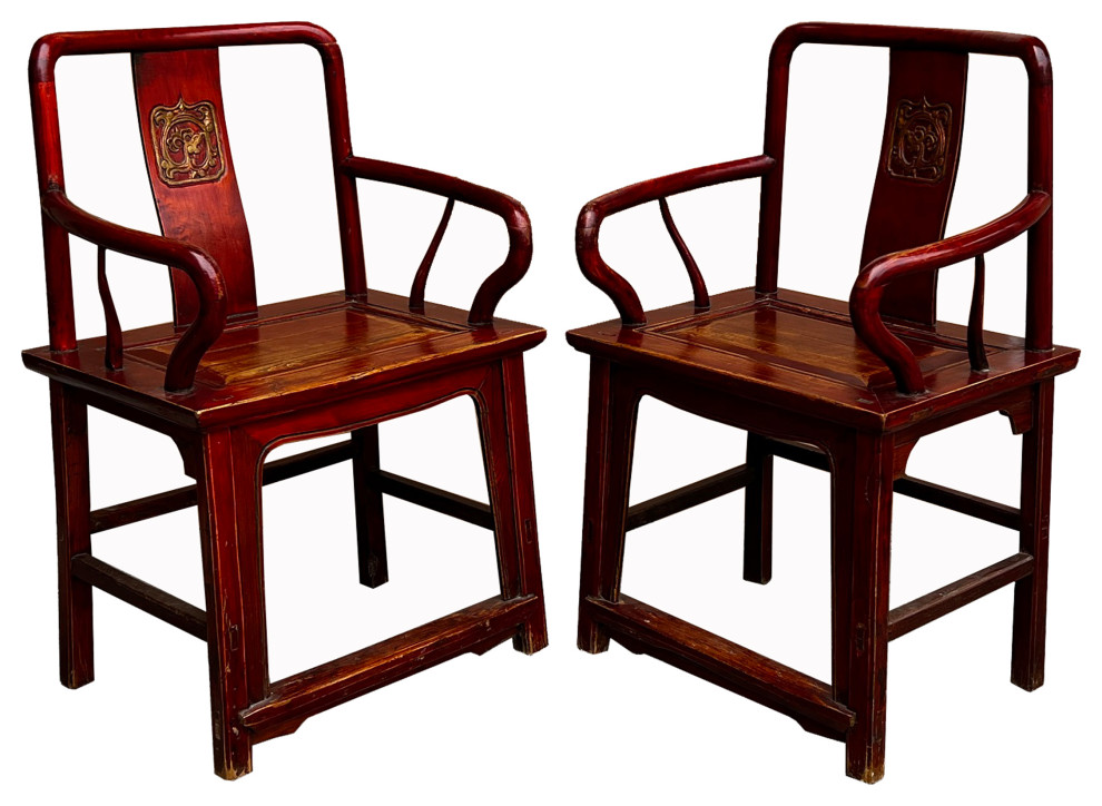 Pair Chinese Vintage Motif Carving Accent Brown Stain Armchairs Hcs7569   Asian   Armchairs And Accent Chairs   by Golden Lotus Antiques  Houzz