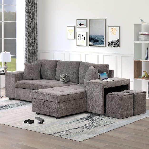 Pull Out Sleeper Sofa Reversible L shape Sectional Couch With Storage Chaise And 2 Stools modernluxe