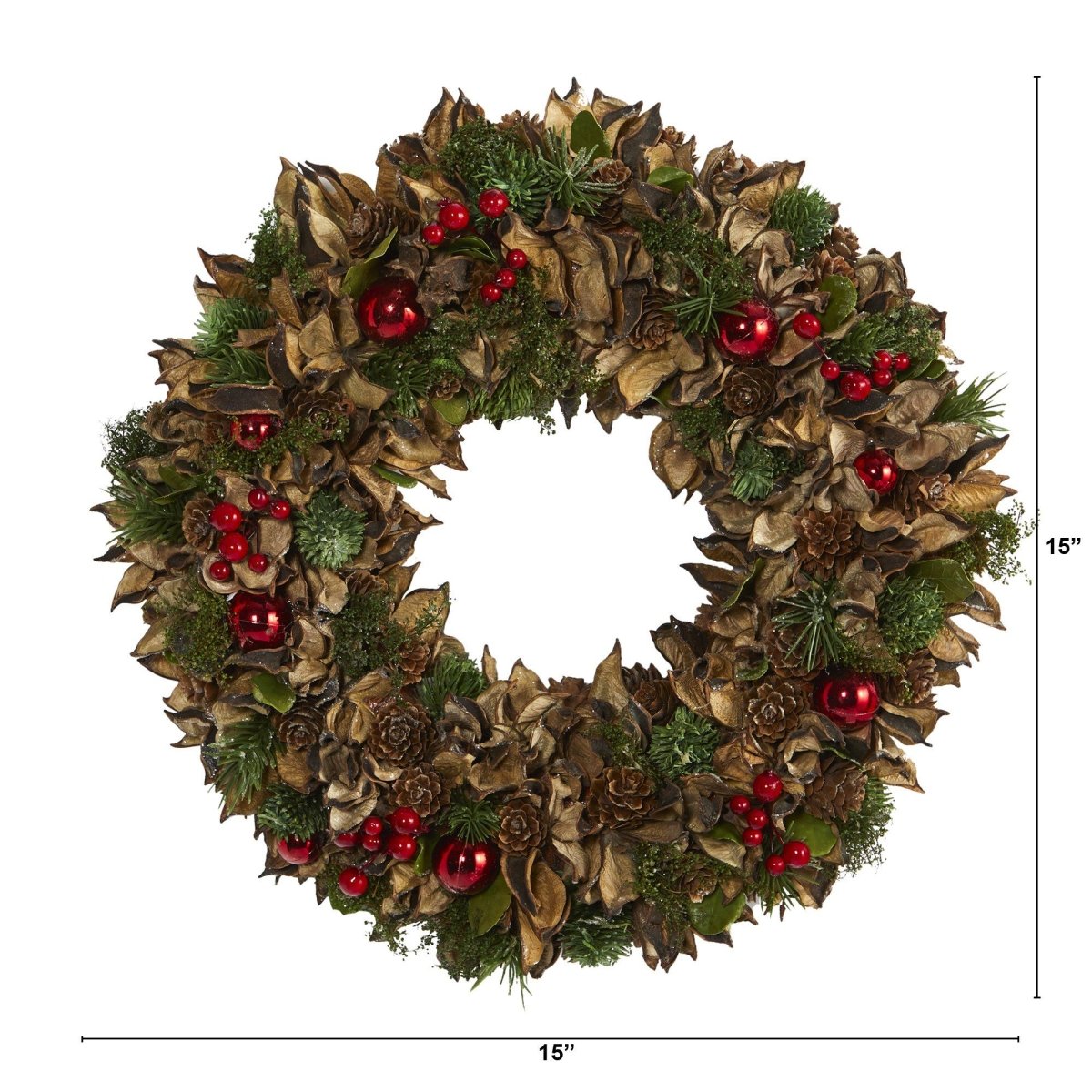 15” Holiday Artificial Wreath with Pine Cones & Ornaments – Festive Décor for Any Space