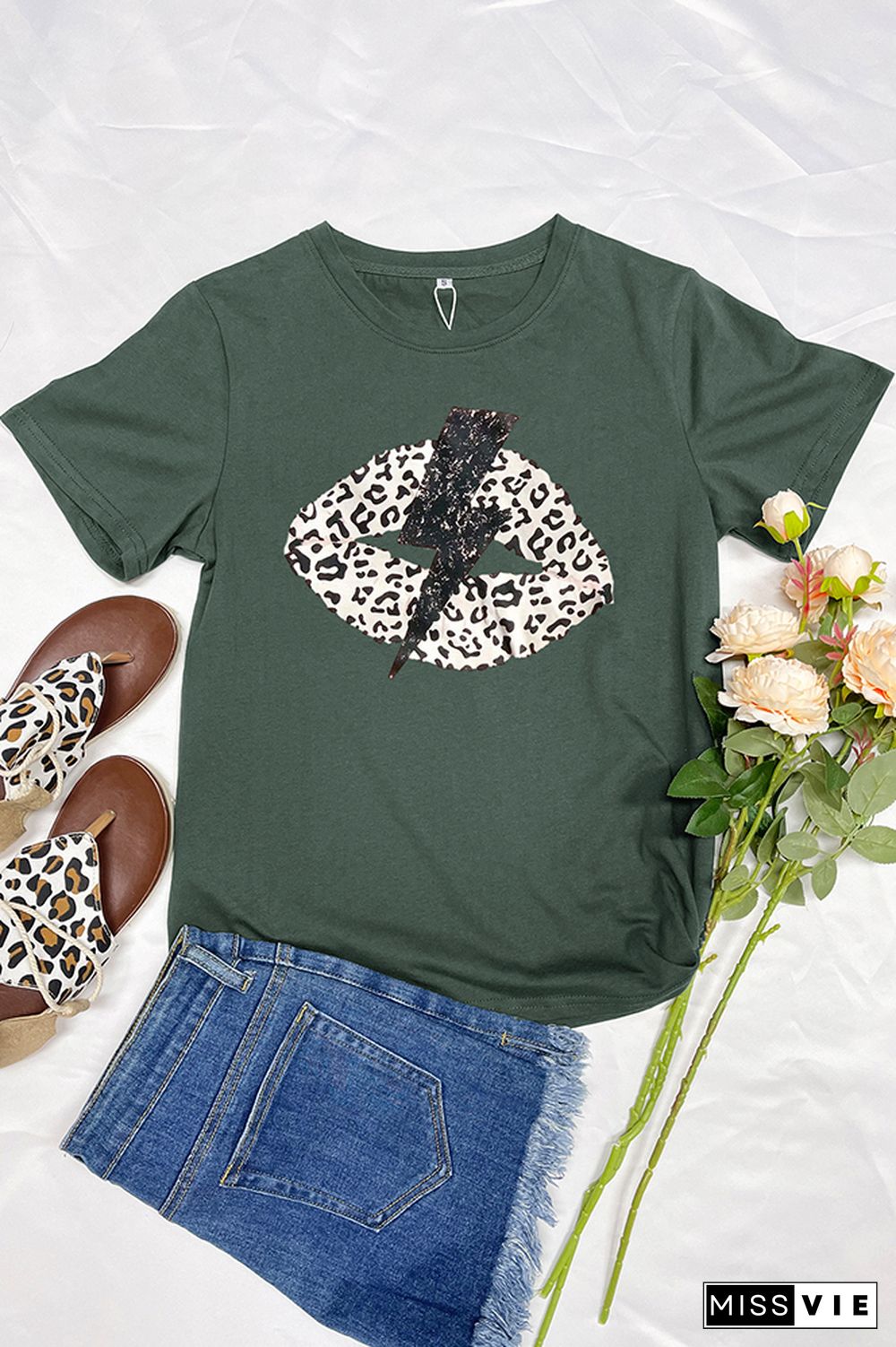 Leopard Lightning Lip Print Graphic Tees for Women Wholesale Short Sleeve T shirts Top