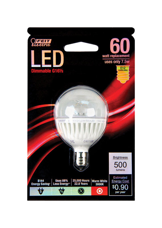 Feit G16.5 E12 (Candelabra) LED Bulb Warm White 60 Watt Equivalence 1 pk