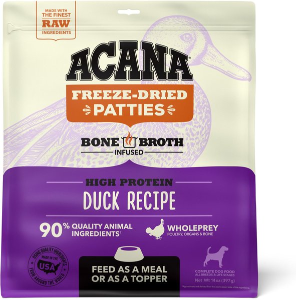 ACANA Duck Recipe Patties Grain-Free Freeze Dried Dog Food and Topper， 14-oz bag