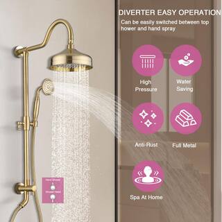 PROOX 2-Spray Round Antique Wall Bar Shower Kit with Hand Shower in Brushed Gold PRH1107-BG