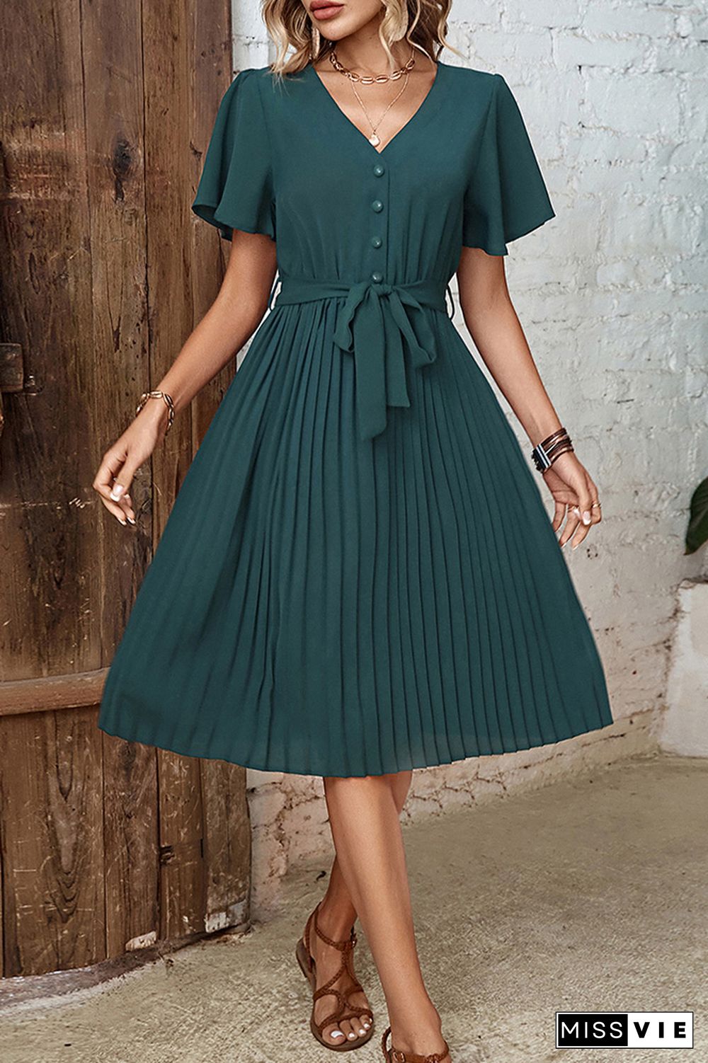 Dark Green V Neck Buttoned Pleated Midi Dress