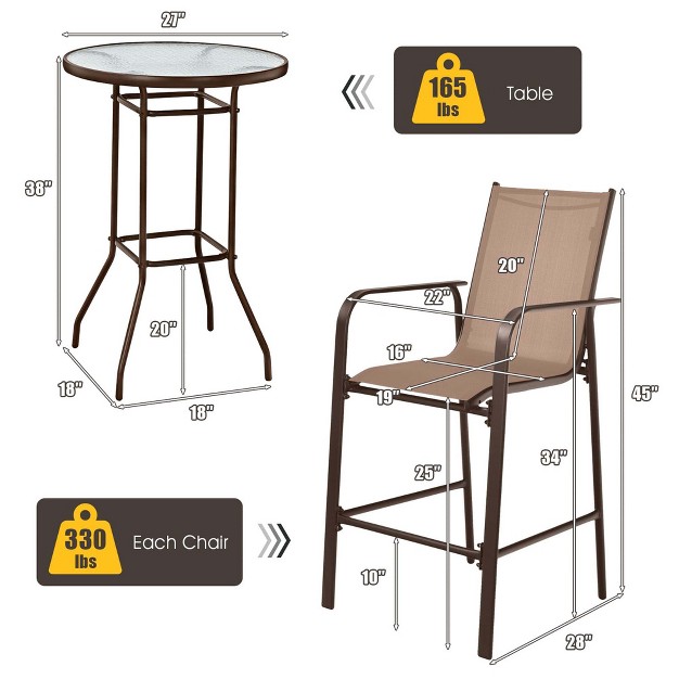 Costway 3 Pcs Outdoor Patio Bar Table Stool Set Height Tempered Glass Top