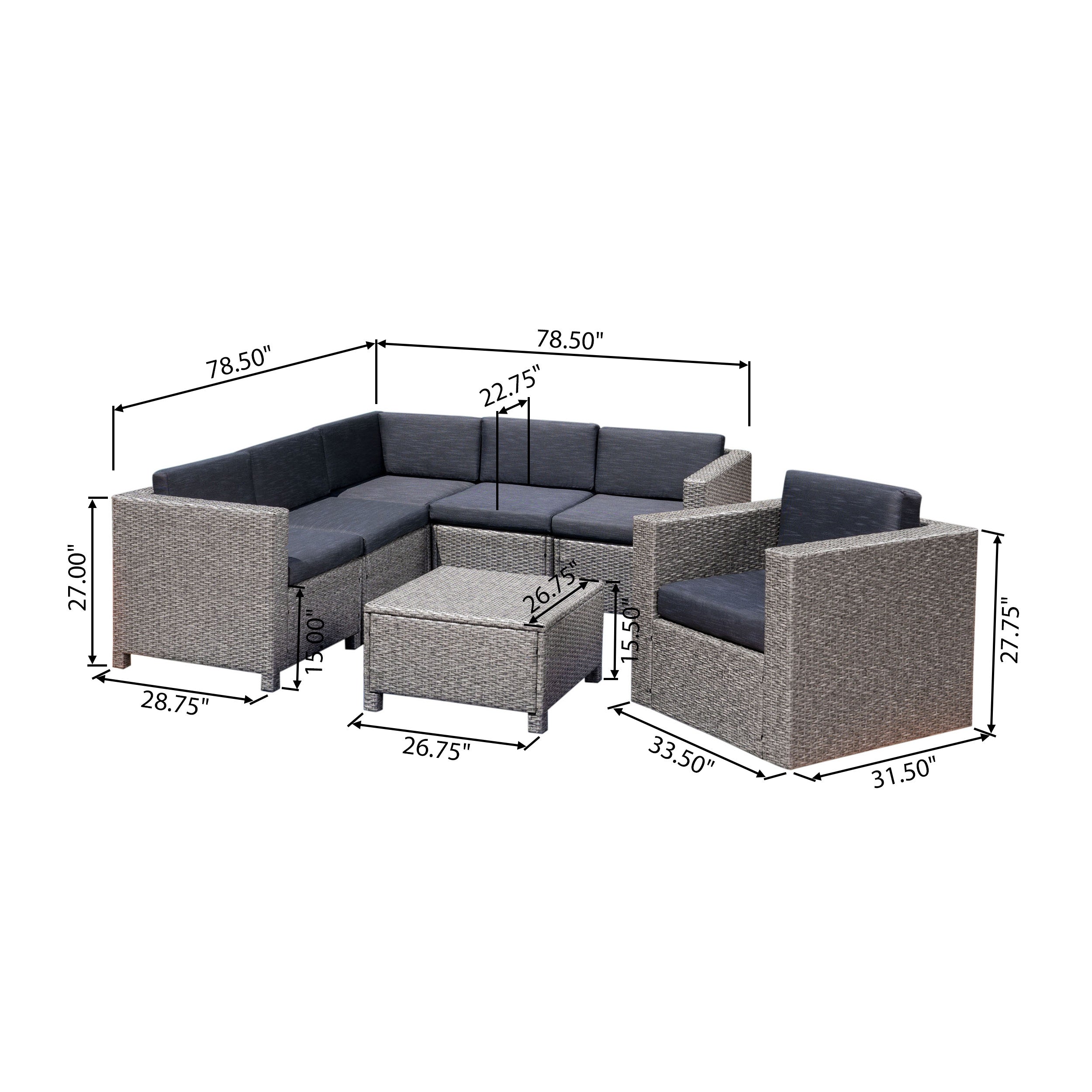 Phillips Outdoor 6 Seater Wicker V-Shaped Sofa and Swivel Chair Set with Water Resistant Cushions