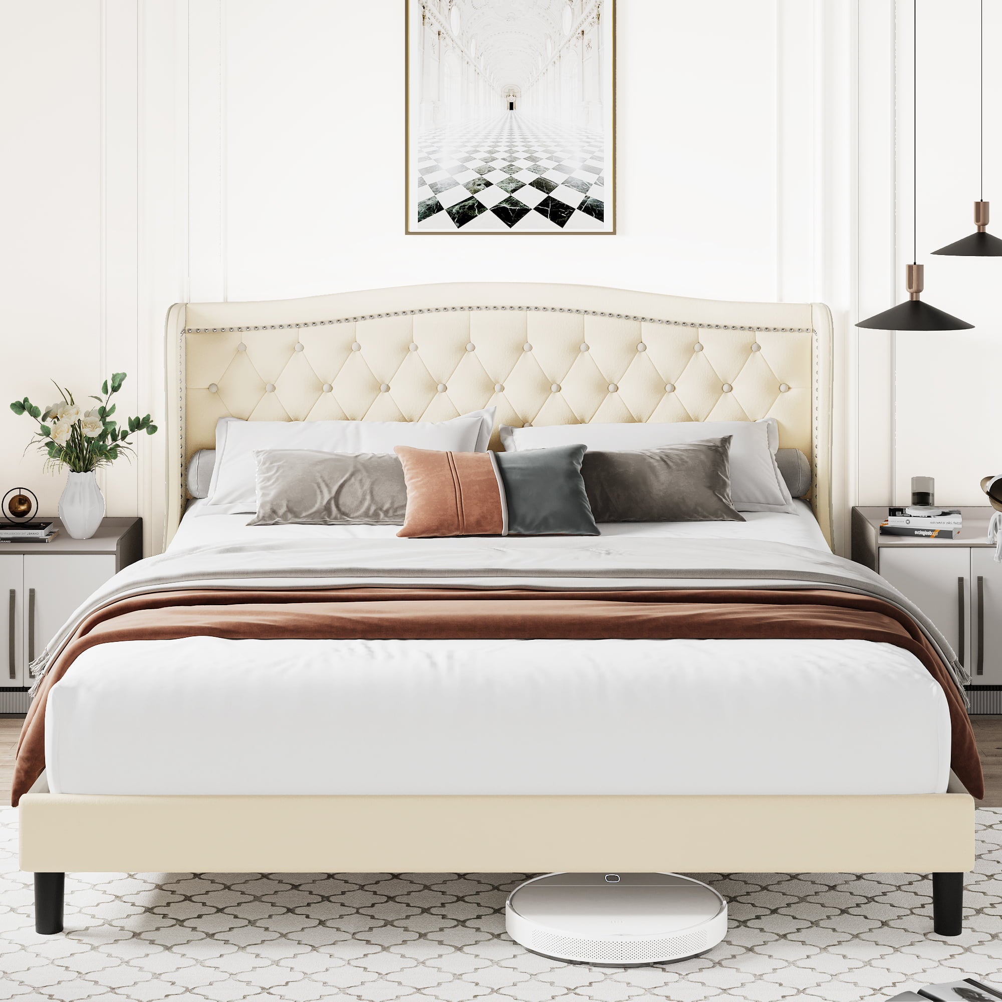 Homfa King Bed Frame, Modern Bed Frame with Wing-Back Button Tufted Upholstered Headboard, Wood Slat Support, Beige