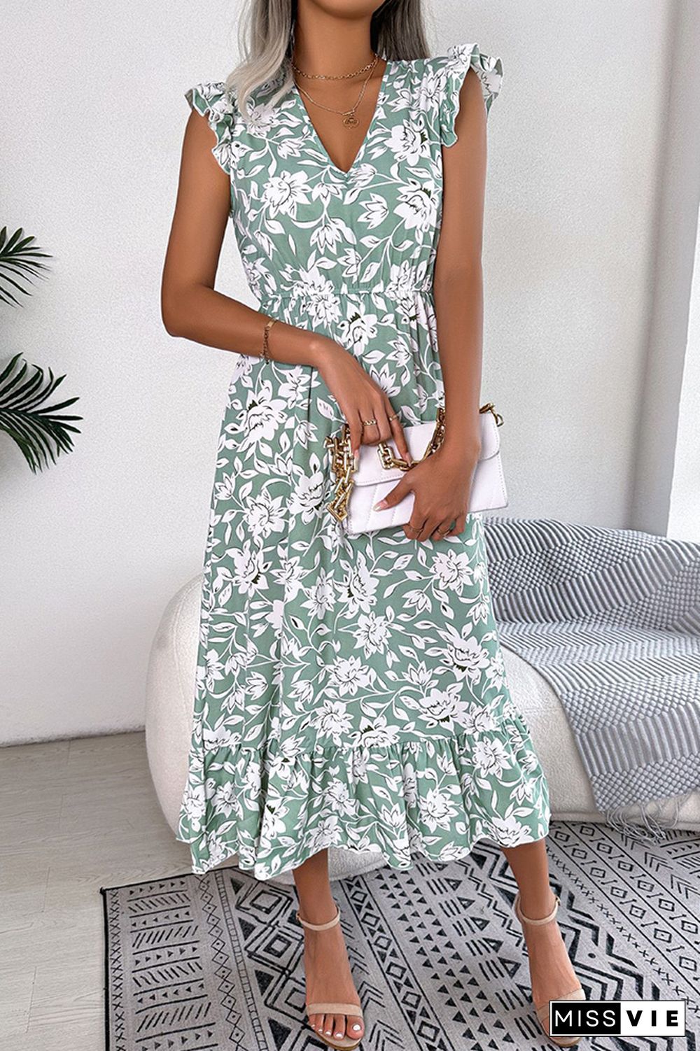 V Neck Flutter Sleeves Maxi Floral Dress