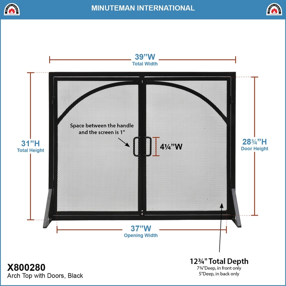 Minuteman International Arch Top Classic Fireplace Screen w/Doors  39 Inch Long  Matte Black