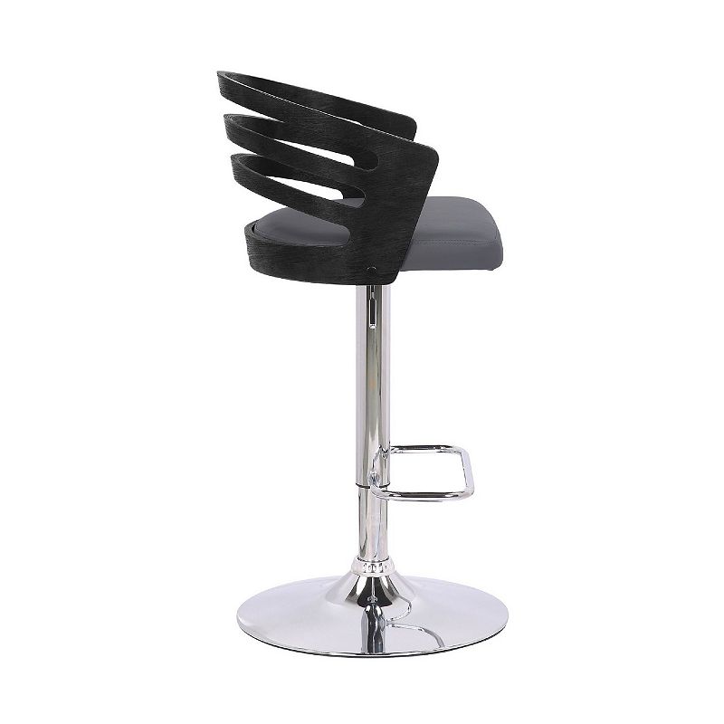 Adjustable Barstool with Curved Open Low Wooden Back， Black and Chrome