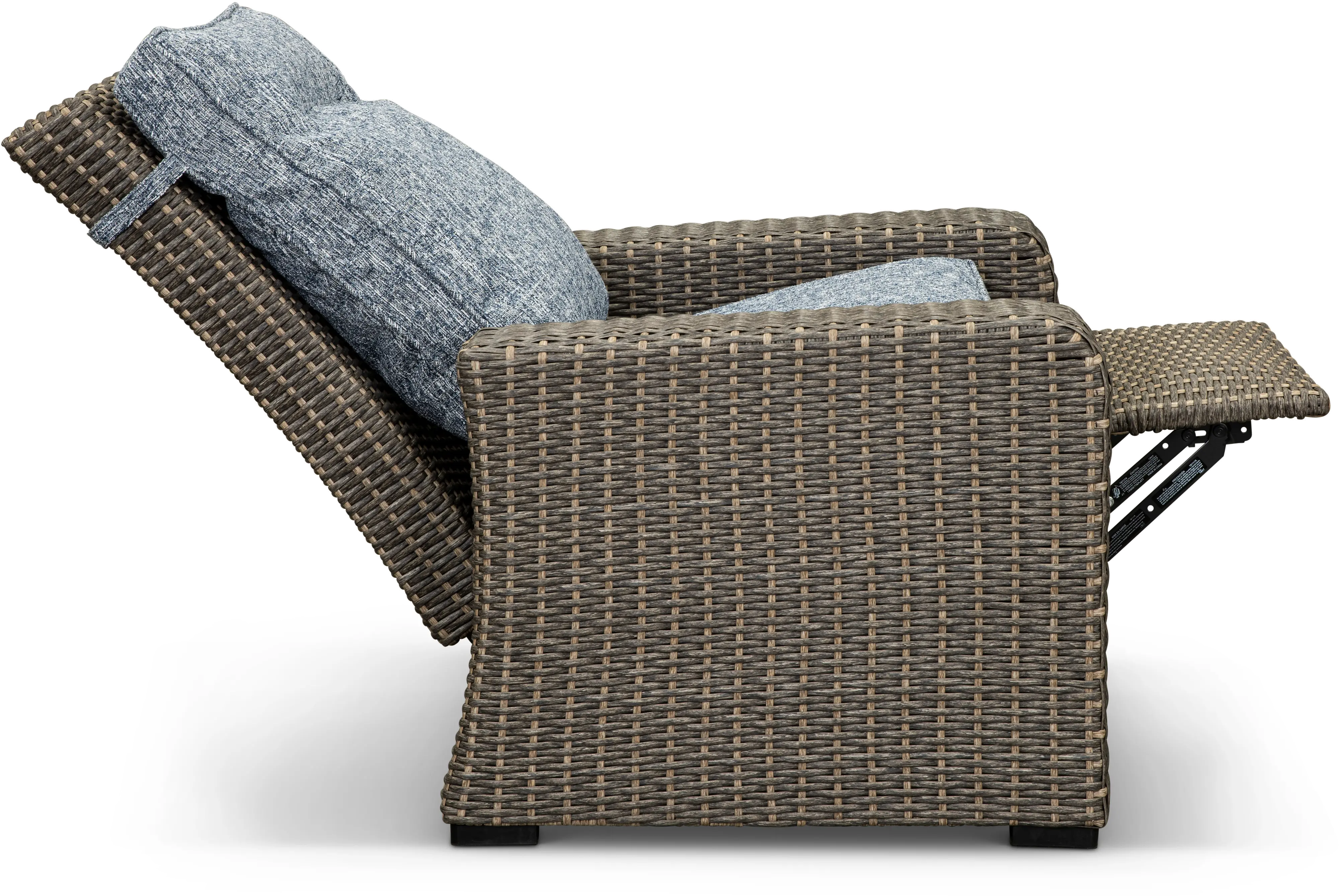 Lemans Gray Wicker Patio Recliner Chair with Blue Cushions