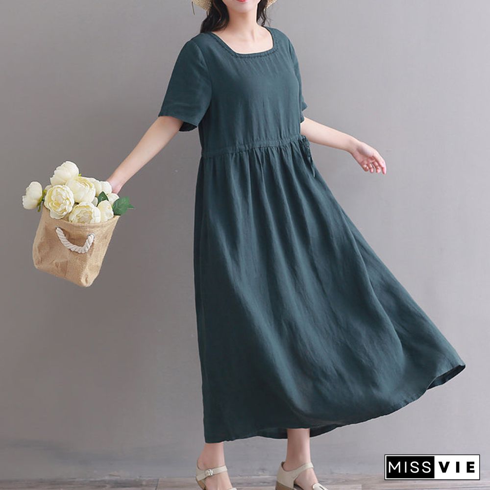 Fine blackish green long linen dresses oversize Square Collar short sleeve linen gown vintage Extra large hem caftans