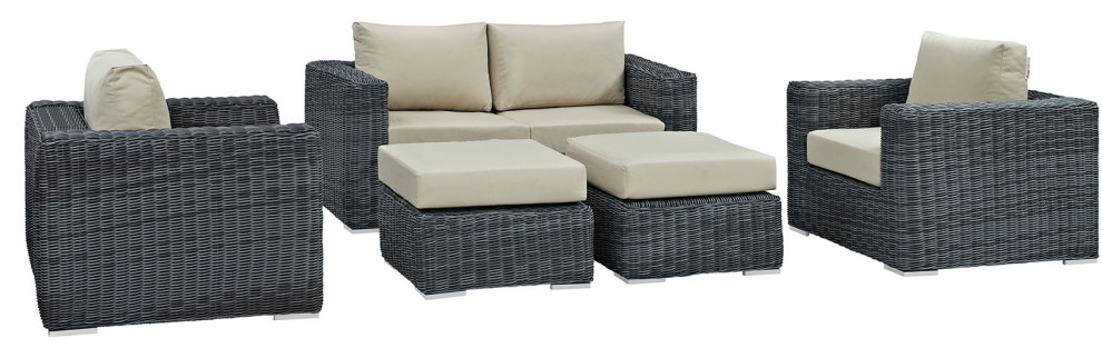 Summon 5 Piece Outdoor Wicker Rattan Sunbrella Sectional Set   Tropical   Outdoor Dining Sets   by Kolibri Decor  Houzz