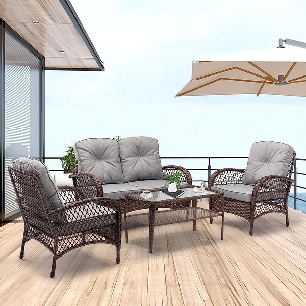 4 Pieces Outdoor Wicker Patio Furniture Sets