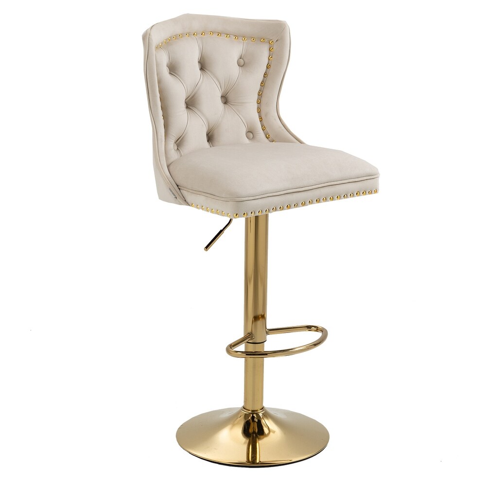 Velvet Upholstered Tufted Swivel Adjustable Height Bar Stools With Golden Footrest(set of 2)