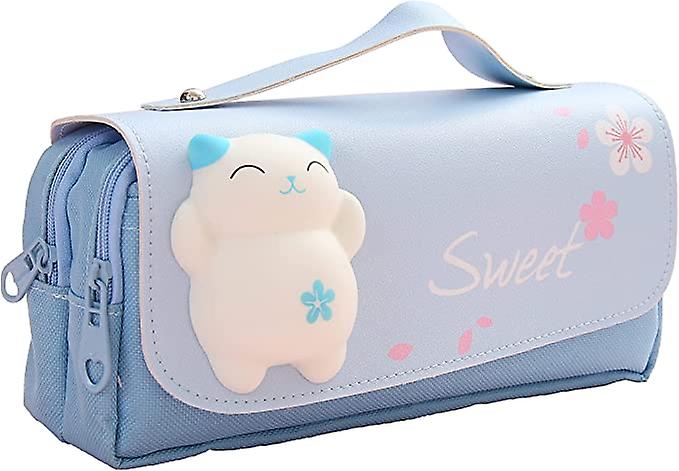 Large Size Pencil Case， Cute Pencil Case， Beautiful， Cute Pencil Case， Large Capacity， 3 Compartments， Cartoon 3d Squeeze Cat Toy Decoration， Blue