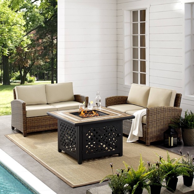 Crosley 3pc Bradenton Steel Outdoor Patio Fire Pit Furniture Set With Two Loveseats Tan brown