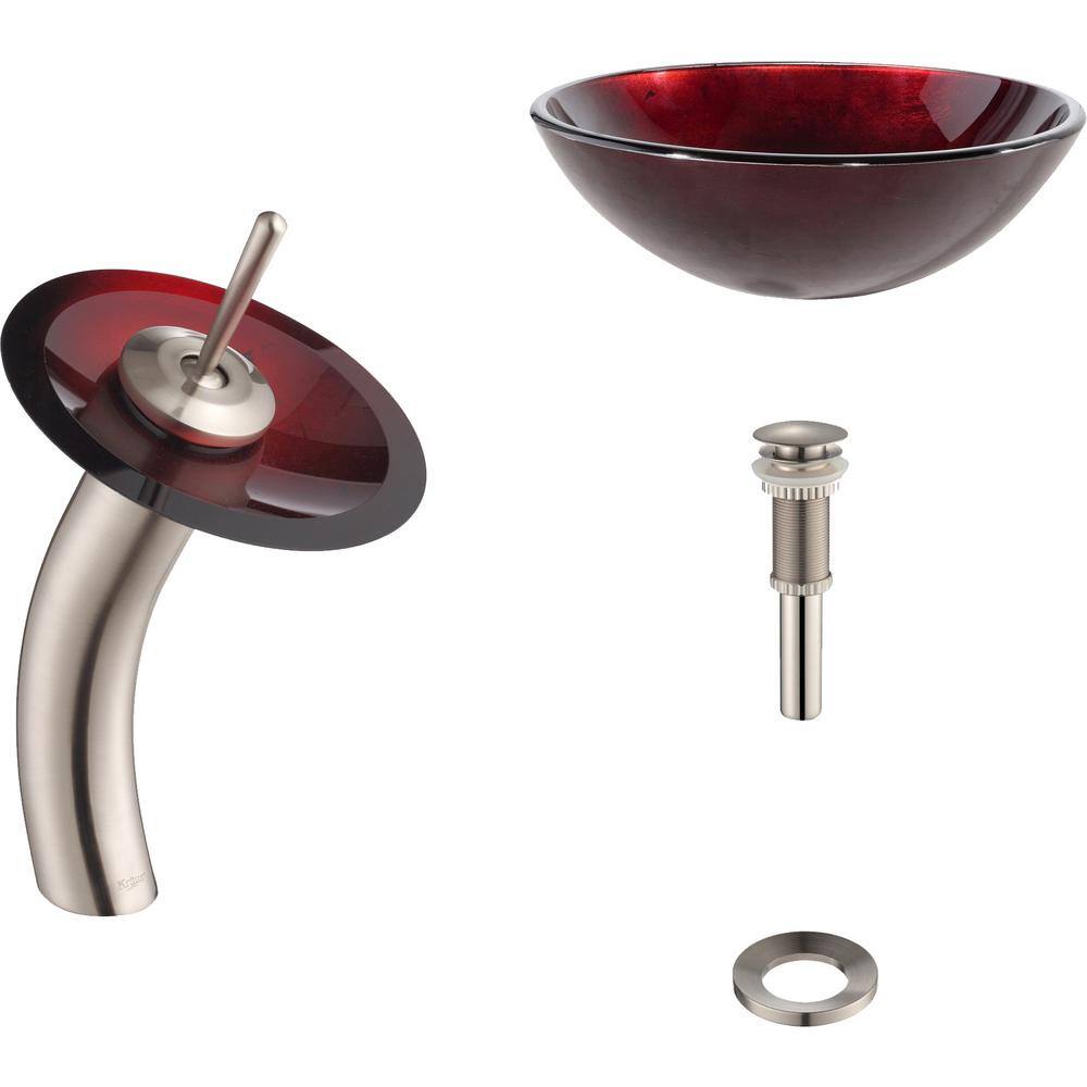 KRAUS Irruption Glass Vessel Sink in Red with Single Hole Single-Handle Low-Arc Waterfall Faucet in Satin Nickel C-GV-200-12mm-10SN